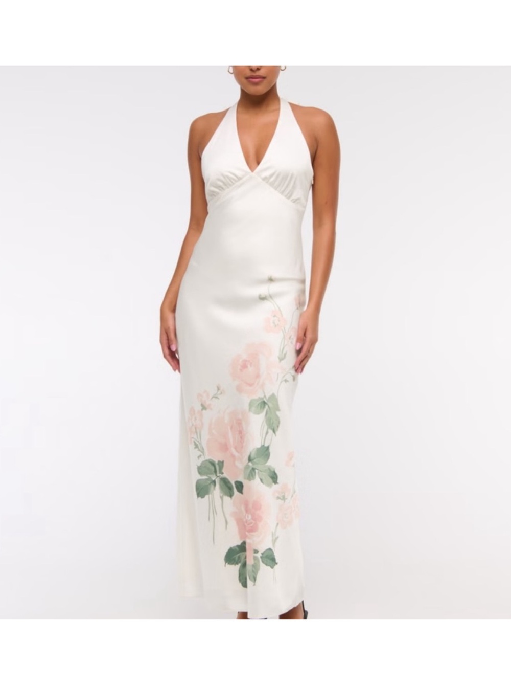 Abercrombie & Fitch The Julia Slip Halter Maxi Dress White Floral Satin V Back S